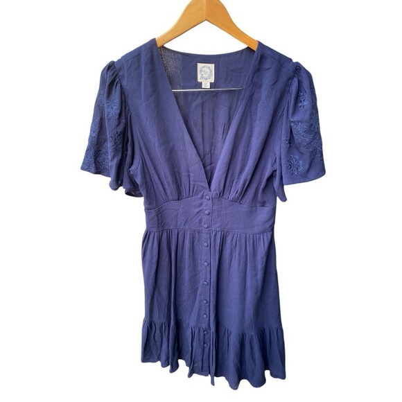 Blue Rain Navy Embroidered Flower Sleeves Dress I Size: M - Picture 1 of 8